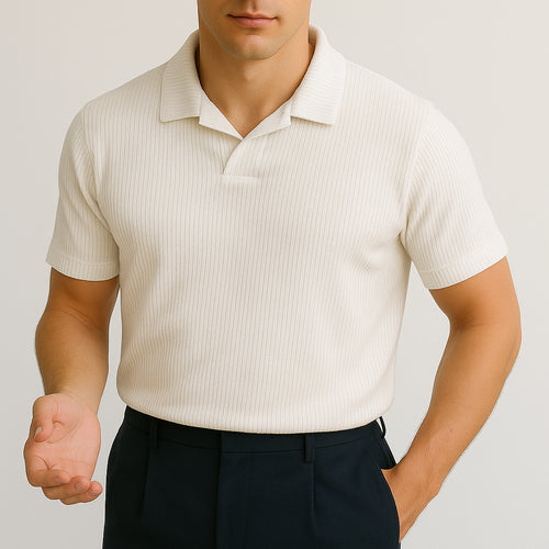 Men's Cream Ribbed Knit Polo Shirt