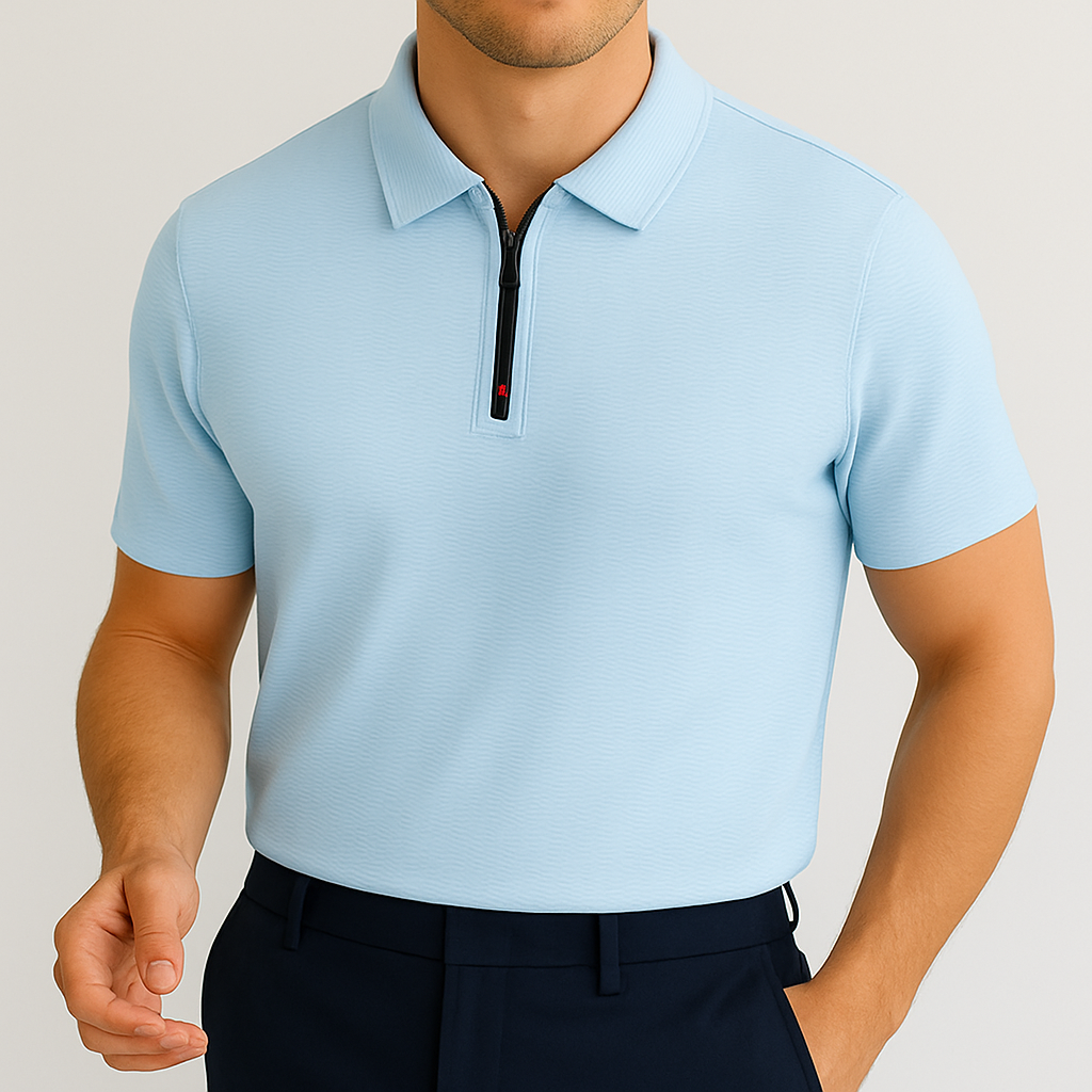 Light blue ribbed zip polo