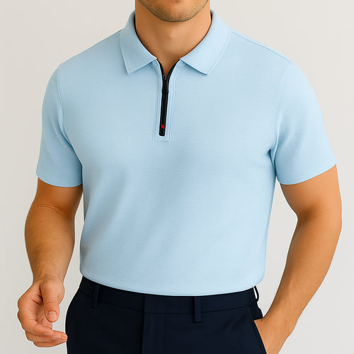 Light blue ribbed zip polo